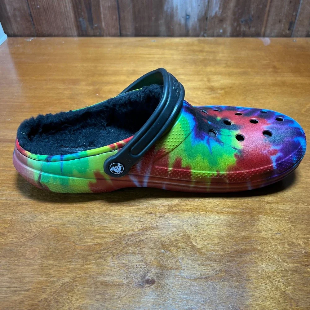 Crocs Classic Lined Clog Mens 12 Multi Tie Dye Faux Fur Lined Comfort Shoes